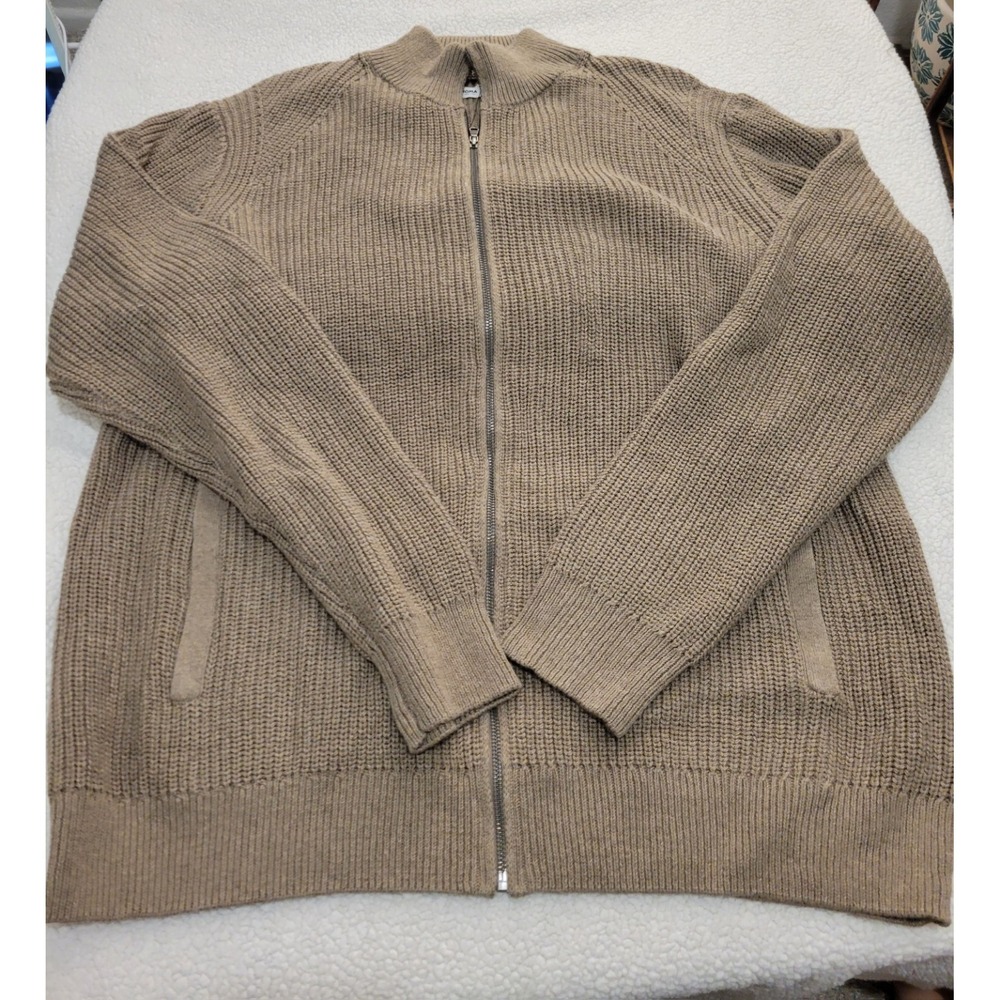 Men Cable Knit Full Zip Brown Old Money Academia Preppy Long Sleeves Sweater 2XL